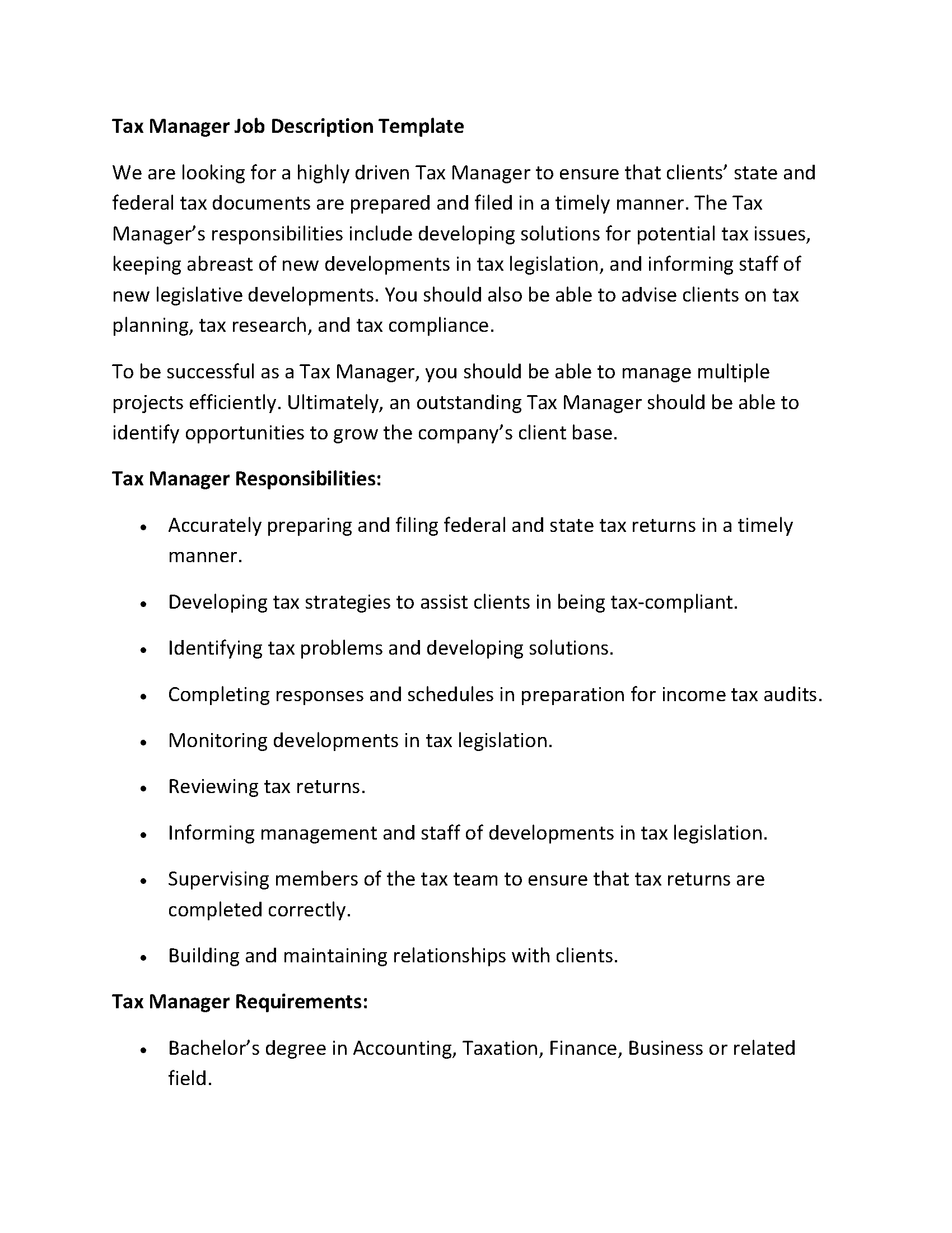 Tax Manager Job Description Template
